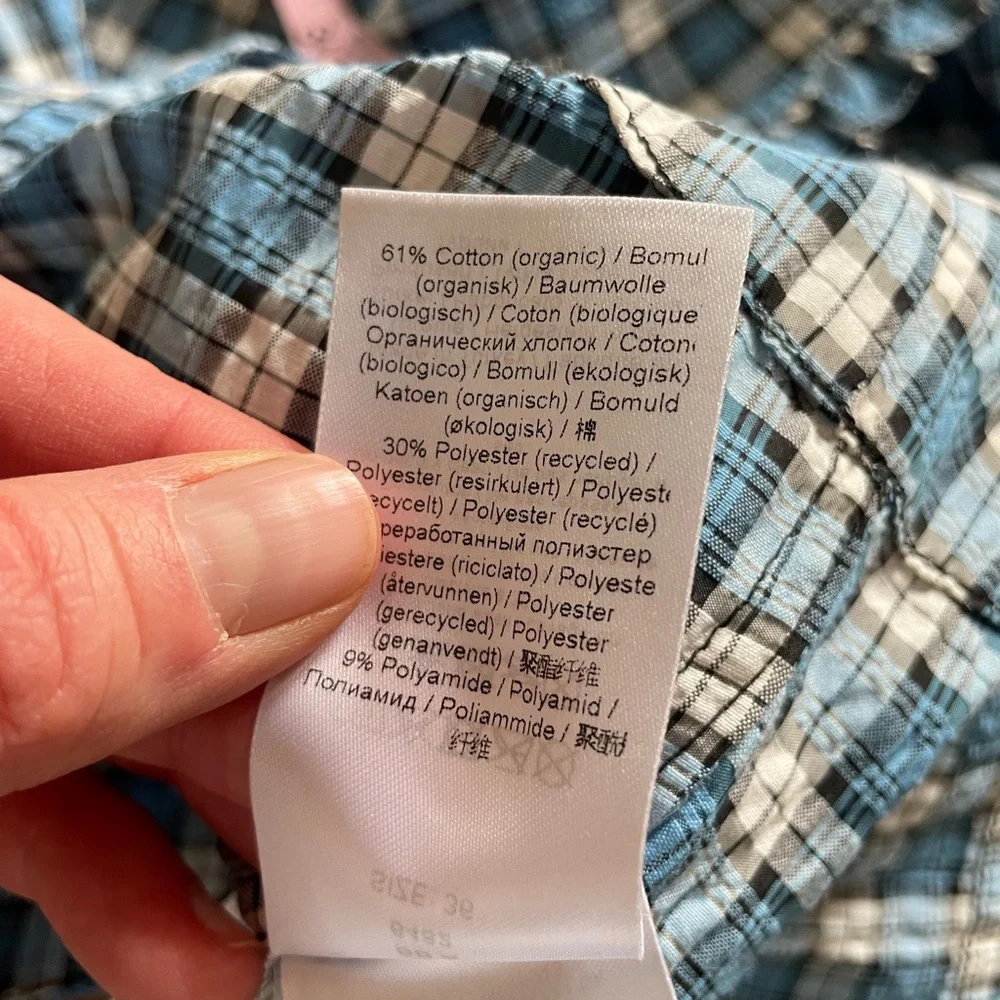 GANNI Seersucker Check V-Neck Ruffle Blouse in Azure Blue - Picture 14 of 14